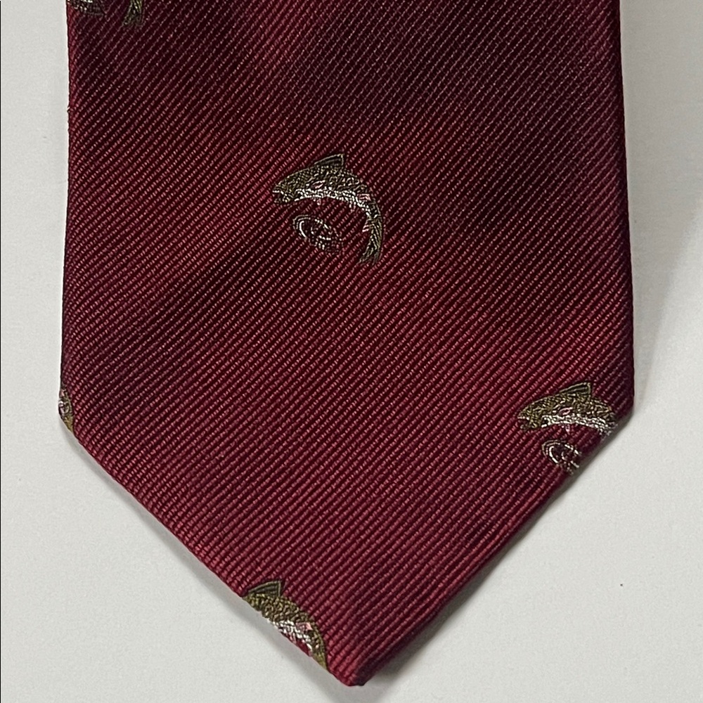 Orvis Men’s Silk Tie with Woven Fish Burgundy Brown Vintage